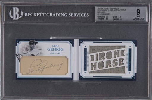 2017 "National Treasures" Legends Cuts Booklet Materials #2 Lou Gehrig Signed Cut Card (#1/1) with Game Used Jersey Swatch – BGS MINT 9/Beckett GEM MINT 10 Signature!